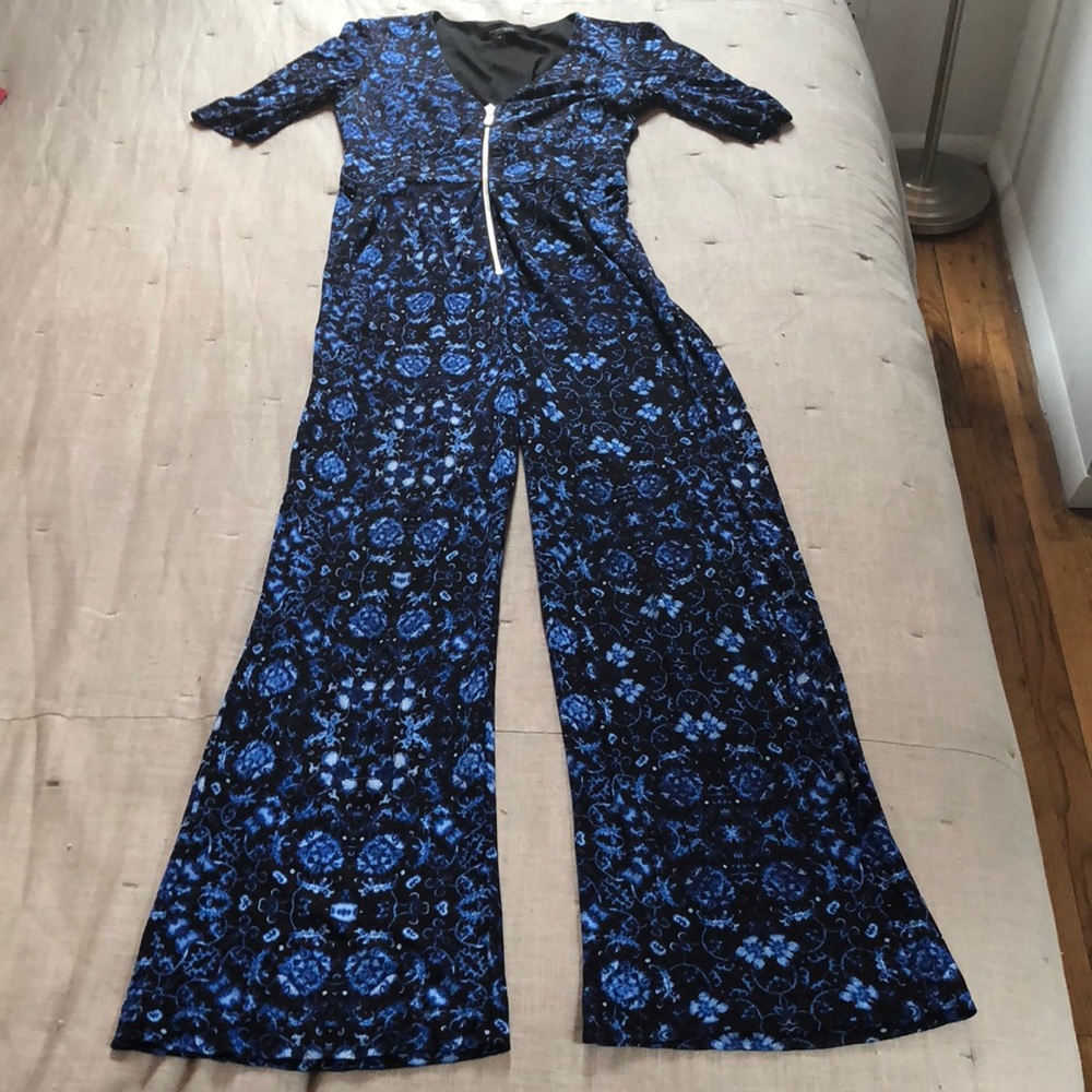 Nanette Lepore Blue Patterned Wide Leg Jumpsuit